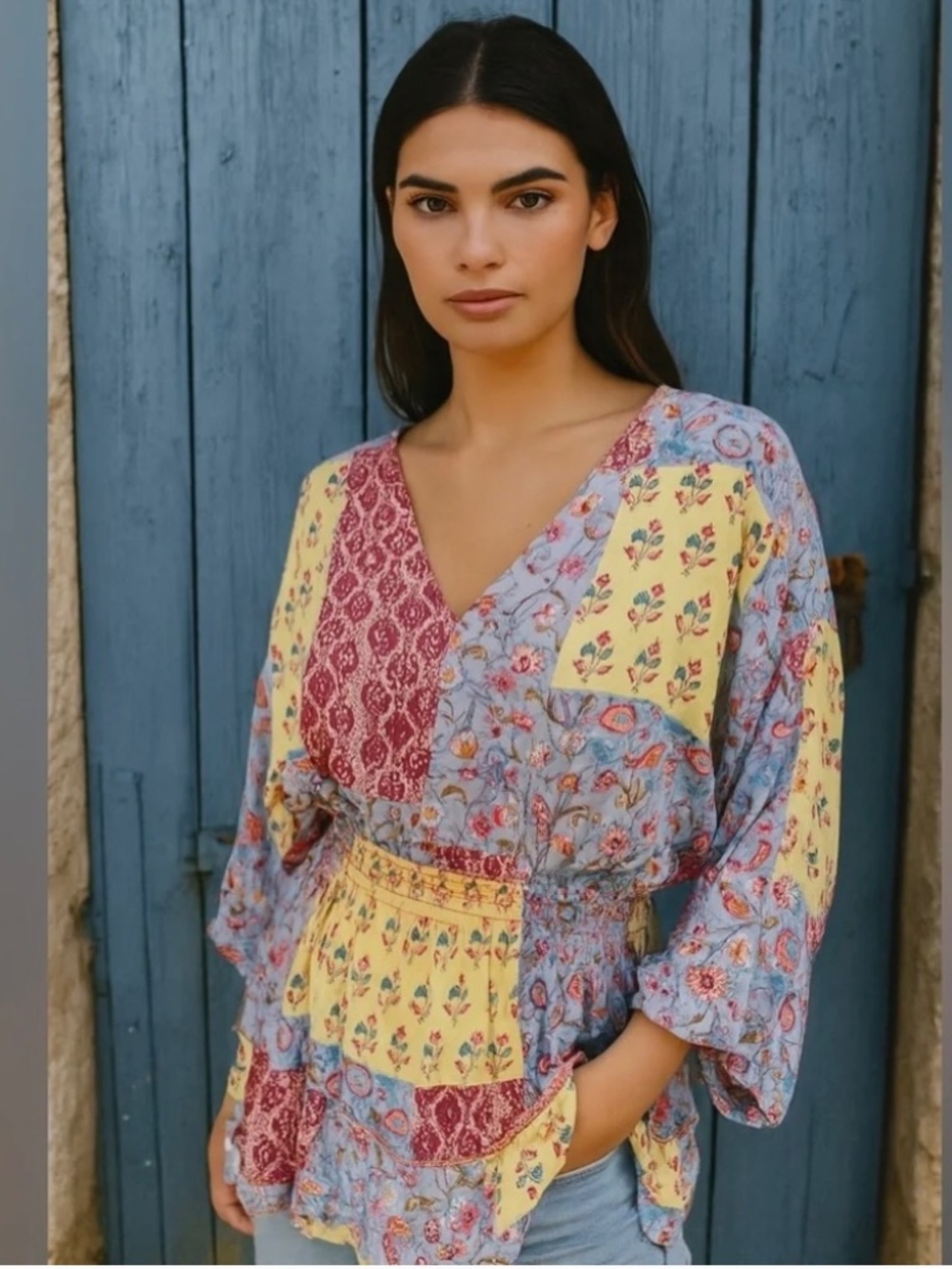 Cato Boho Patchwork Floral Tunic Top Ruffle Hem Smocked Waist Size XL EUC